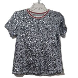 Treasure & Bond Silver Sequin Shirt Short Sleeve Juniors SZ XL 14/16 Holiday